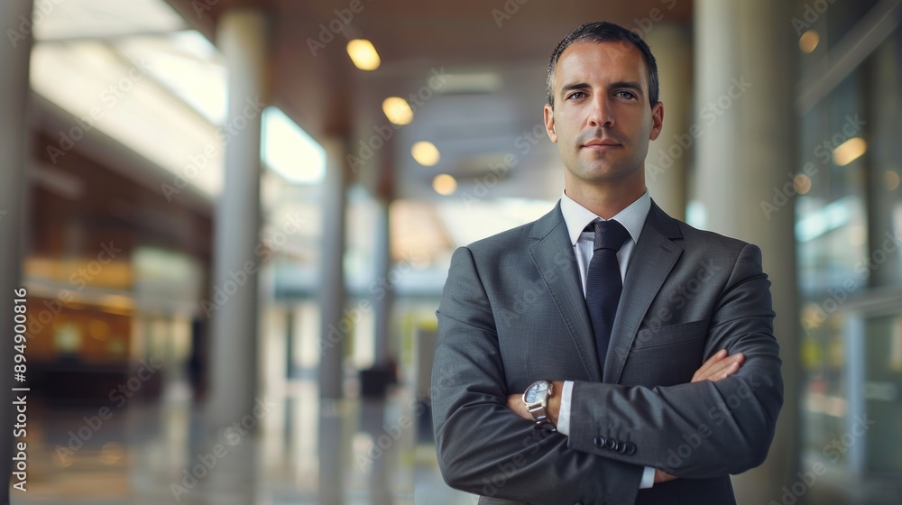 Confident businessman posing in modern office lobby. Confident businessman posing in modern office lobby.