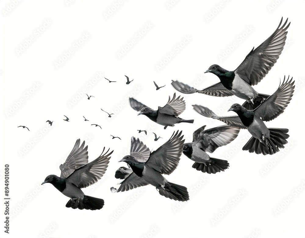 Fototapeta premium Flocks of Flying Birds Isolated on White Background with Clipping Path and Full Depth for Design