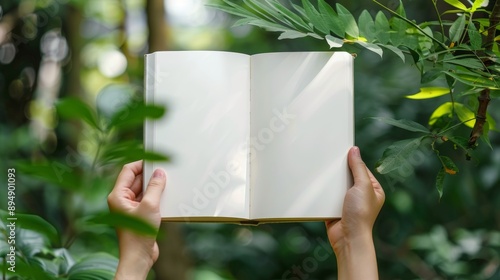 person holds a blank open book with nature background. mockup concept