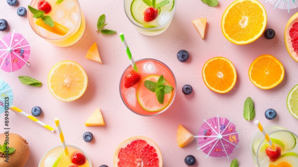 A colorful pattern of various fruit cocktails and smoothies, with straws and umbrellas, high-resolution photo, realistic photo, hyper realistic A colorful pattern of various fruit cocktails and smoothies, with straws and umbrellas, high-resolution photo, realistic photo, hyper realistic