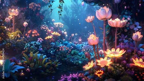 Fototapeta Naklejka Na Ścianę i Meble -  Enchanted garden with oversized, glowing flowers and whimsical creatures basking in magical light