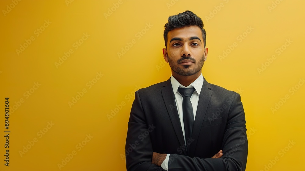 a positive appearance of an Indian business leader in a formal suit, radiating confidence and professionalism, against a yellow background a positive appearance of an Indian business leader in a formal suit, radiating confidence and professionalism, against a yellow background