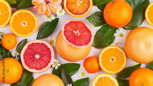 A detailed pattern of citrus fruits including lemons, oranges, and grapefruits, with leaves and flowers, high-resolution photo, realistic photo, hyper realistic © Wimon