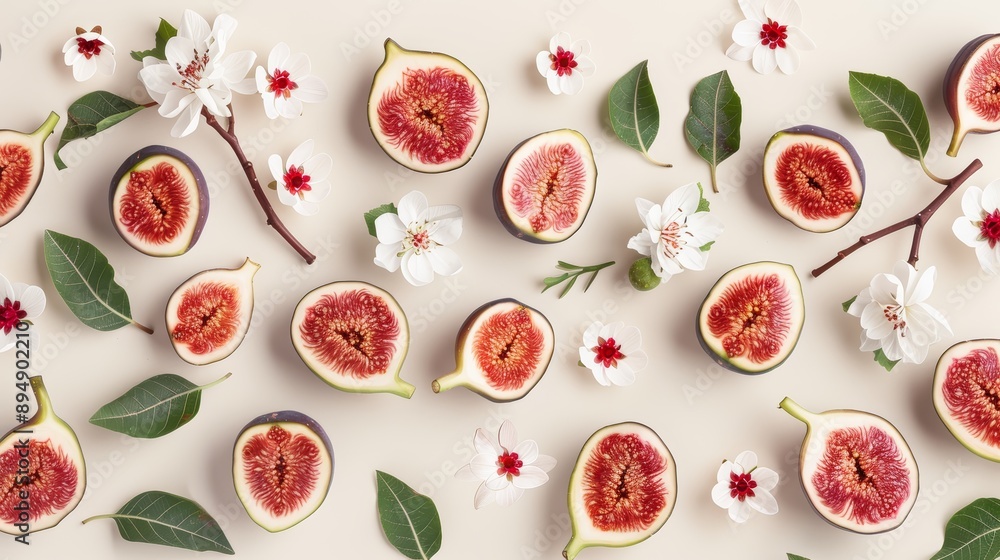A detailed pattern of figs and fig leaves, with flowers and branches for a delicate look, high-resolution photo, realistic photo, hyper realistic A detailed pattern of figs and fig leaves, with flowers and branches for a delicate look, high-resolution photo, realistic photo, hyper realistic