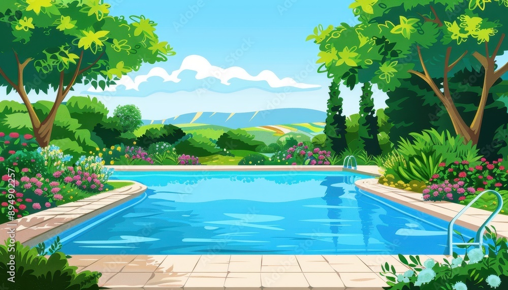 Tranquil Oasis: Vector Illustration of a Serene Swimming Pool Overlooking a Lush Garden Haven for Peaceful Retreats Tranquil Oasis: Vector Illustration of a Serene Swimming Pool Overlooking a Lush Garden Haven for Peaceful Retreats
