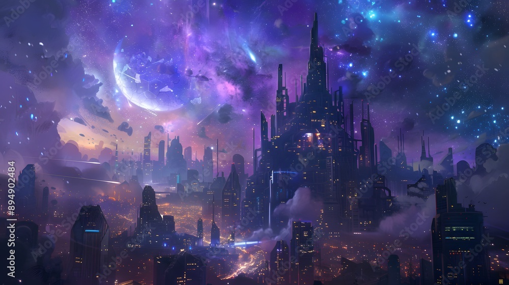 Obraz premium Dreamlike cityscape with futuristic architecture and glowing lights under a starry, otherworldly sky