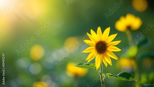 A backdrop of summer natural conditions with blurry green color and bright warm sunlight, creates a peaceful and serene scene.