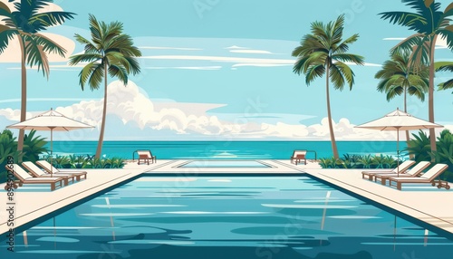 Tranquil Beach Resort Paradise - Flat Design Illustration of Serene Swimming Pool with Ocean View and Palm Trees