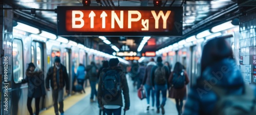 Busy Subway Station with Directional Signs and Crowds of Commuters Navigating Platforms and Exits