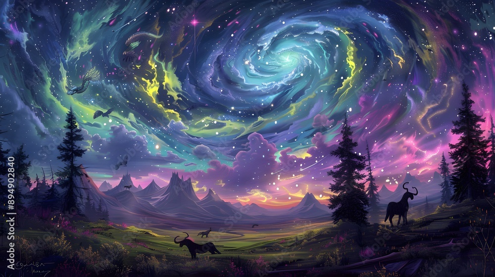 Fototapeta premium Enchanted meadow where mythical creatures graze under a sky filled with swirling, colorful auroras