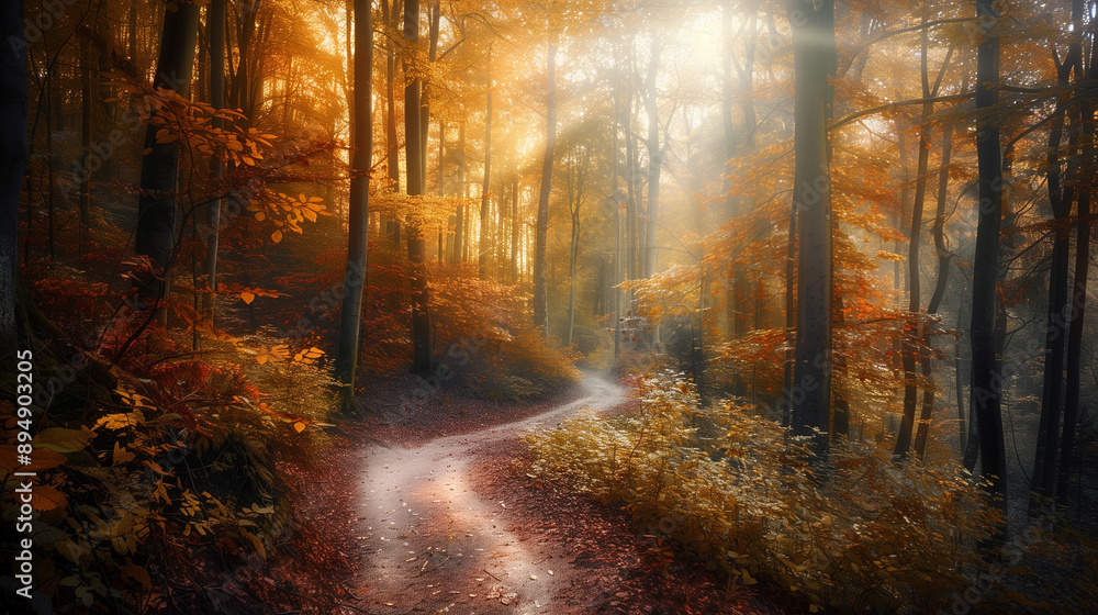 Fototapeta premium 가을 새벽 울창한 숲 속 사람 없는 구불구불한 산책로
