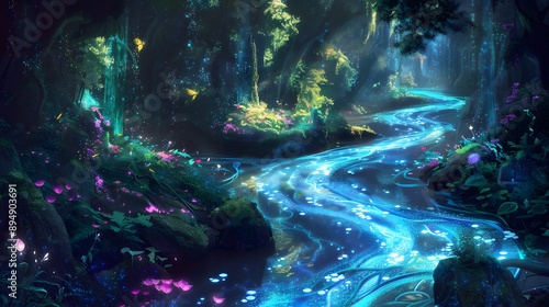 Wallpaper Mural Mystical river winding through a surreal landscape of glowing flora and fantastical creatures Torontodigital.ca