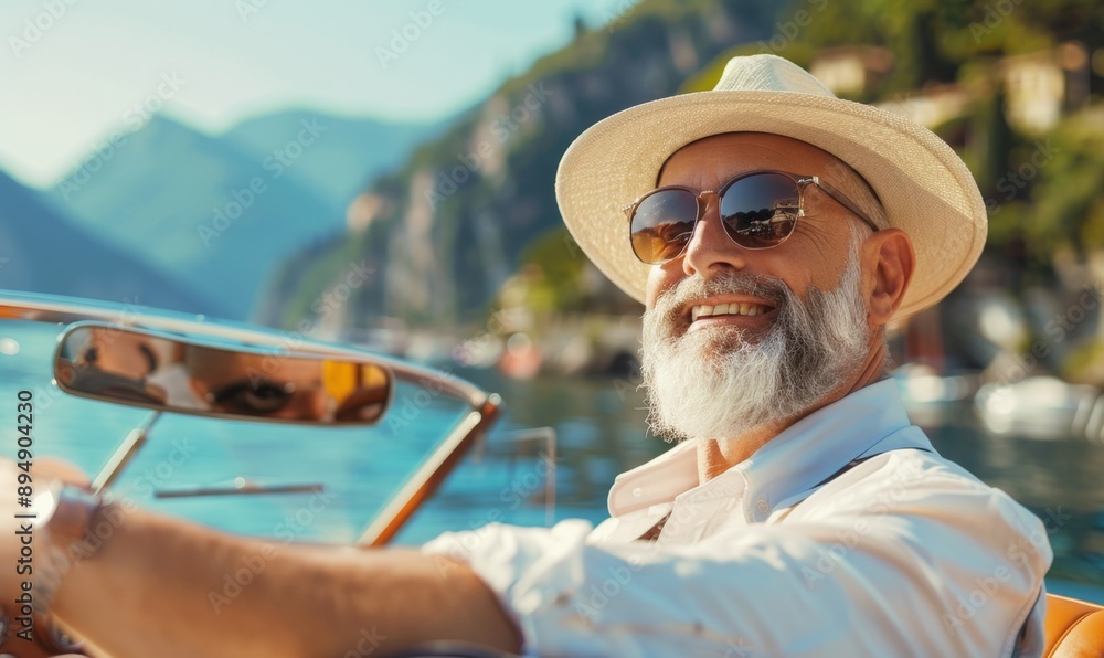Fototapeta premium Joyful Bearded Senior Embracing Italian Summer Road Trip: Luxurious Convertible Adventure Epitomizing Wealth and Freedom. Exhilarating Vacation Journey Through Scenic Landscapes, Capturing the Essence