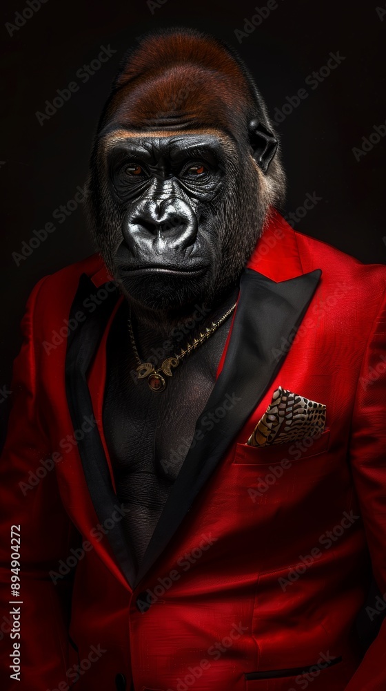 As a confident leader, the monkey wears a classy red suit. Fashion portrait of an anthropomorphic animal, chimp, posing with a charismatic human attitude. As a confident leader, the monkey wears a classy red suit. Fashion portrait of an anthropomorphic animal, chimp, posing with a charismatic human attitude.