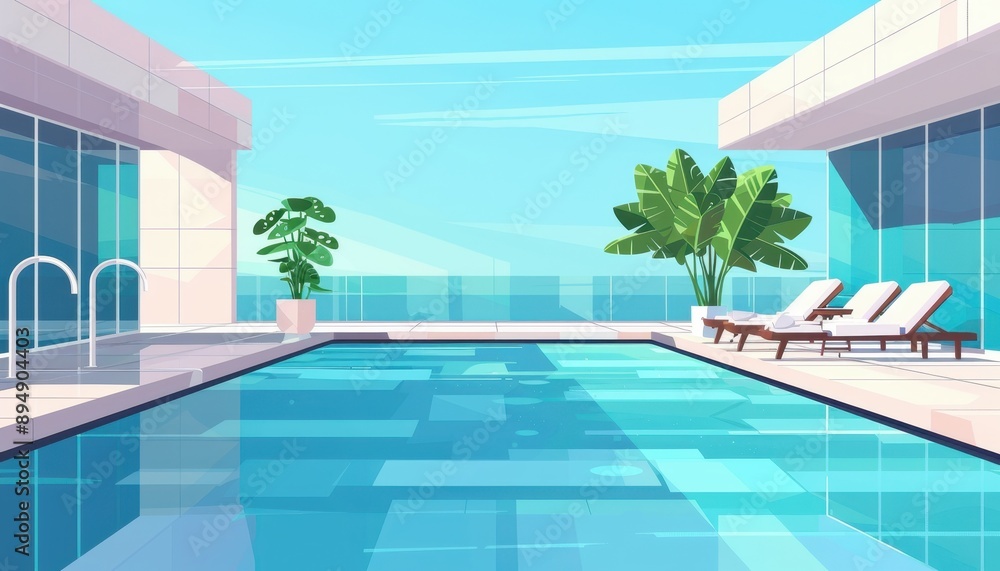 Fototapeta premium Serene Modern Swimming Pool - Minimalist Vector Illustration with Copy Space for Relaxation Scene