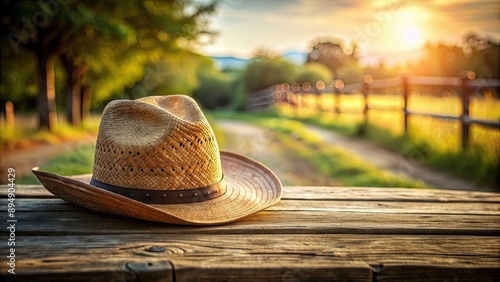 Cowboy hat resting on a rustic wooden table in a countryside setting with selective focus, Cowboy hat