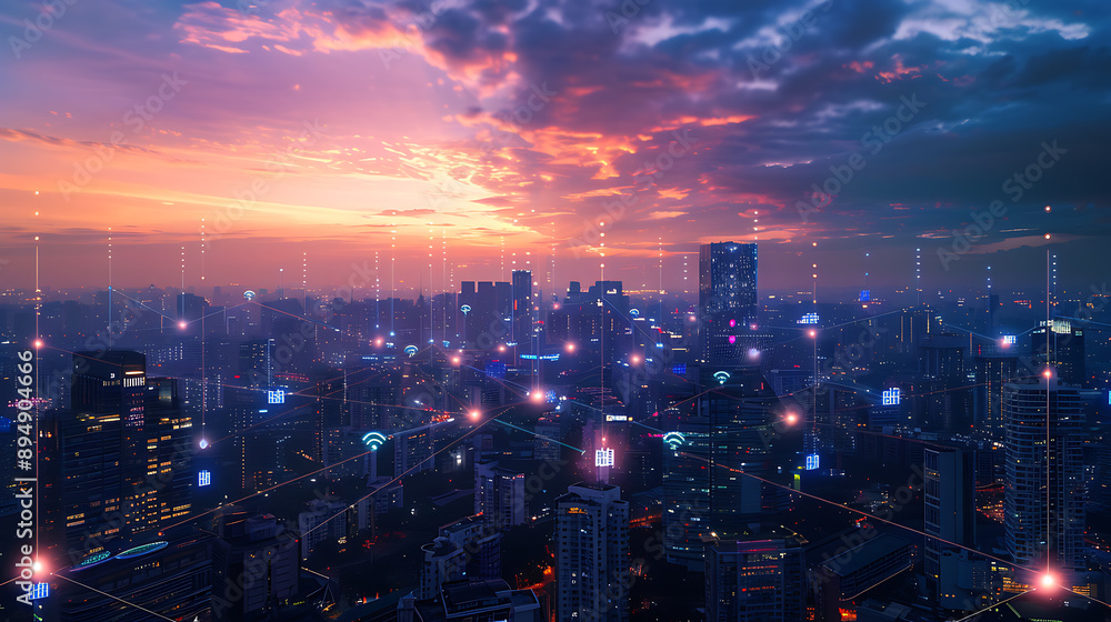 Fototapeta premium Smart City, wallpaper, the modern technology and intelligent communication networks