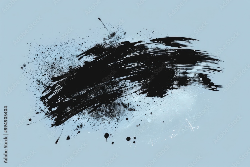 Modern black ink brush stroke background with splatter on pastel light blue. Modern black ink brush stroke background with splatter on pastel light blue.