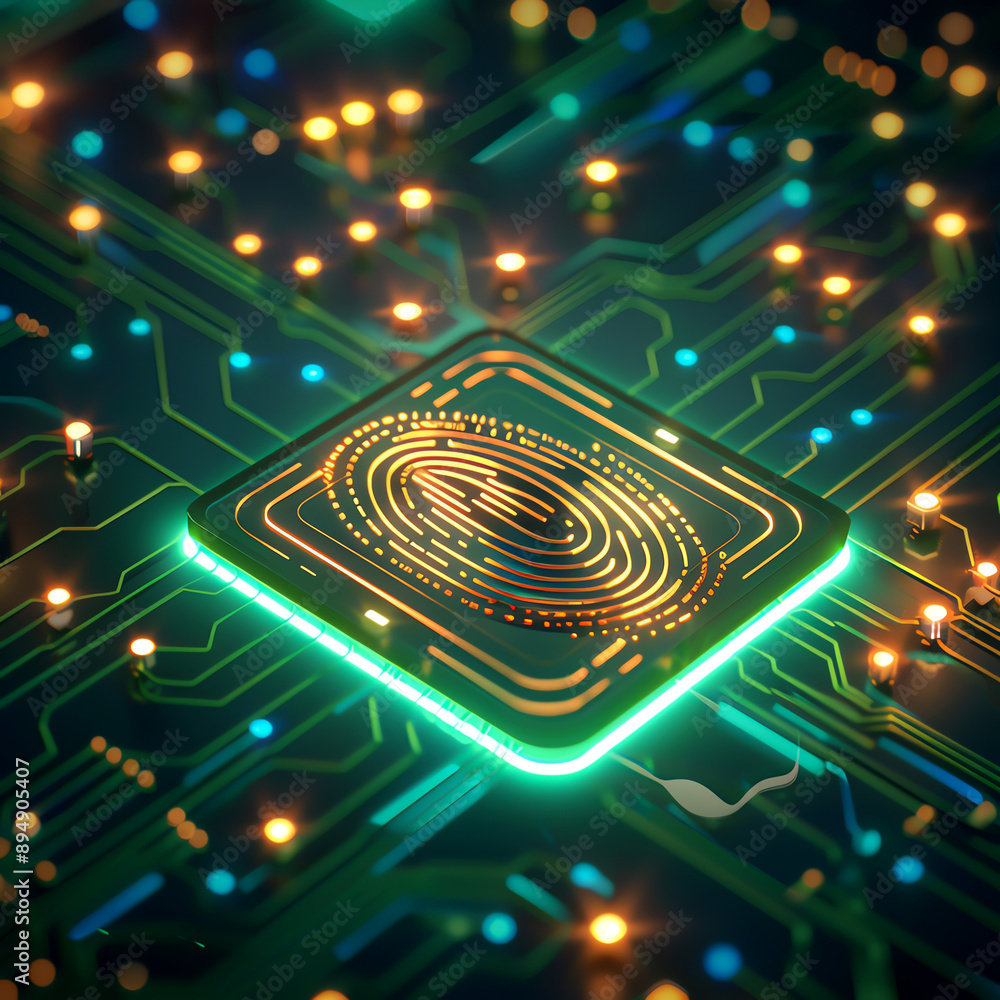 Fototapeta premium A vibrant microchip design showcasing intricate circuits and a glowing fingerprint motif, symbolizing technology and security.