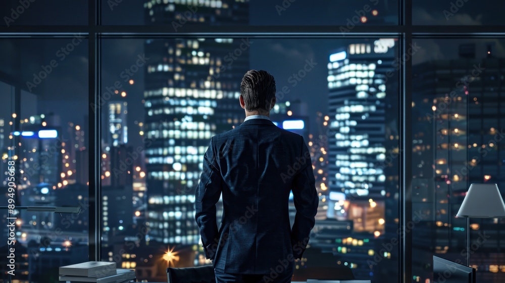 Businessman looking at city skyline by night from office Businessman looking at city skyline by night from office