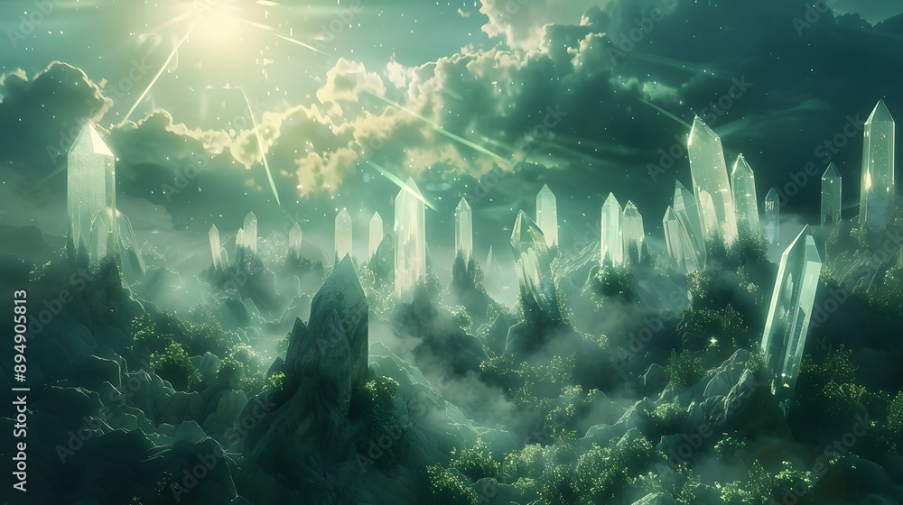 Fototapeta premium Dreamlike landscape with floating, glowing crystals and ethereal light streaming from the sky