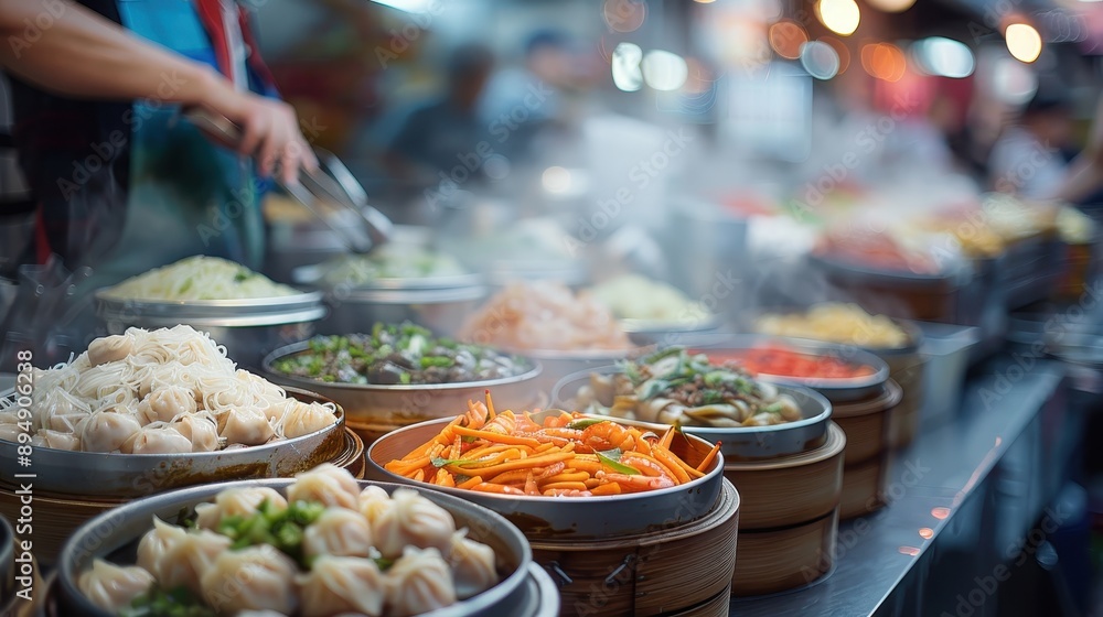 An array of colorful and steaming Asian dishes, including noodles, dumplings, and stir-fried vegetables, is artfully displayed on a street market stall, reflecting vibrant culinary culture. An array of colorful and steaming Asian dishes, including noodles, dumplings, and stir-fried vegetables, is artfully displayed on a street market stall, reflecting vibrant culinary culture.