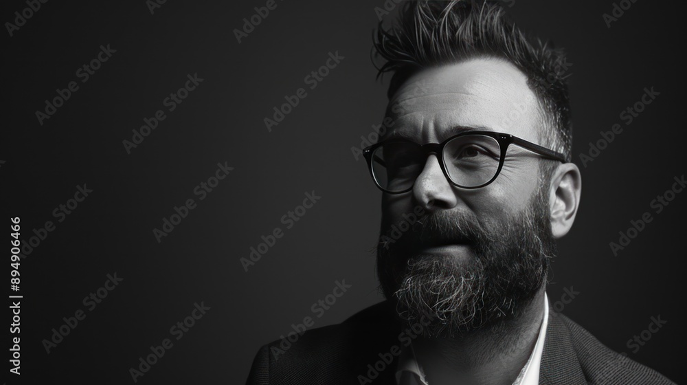 Obraz premium Man with beard and glasses in black and white portrait.