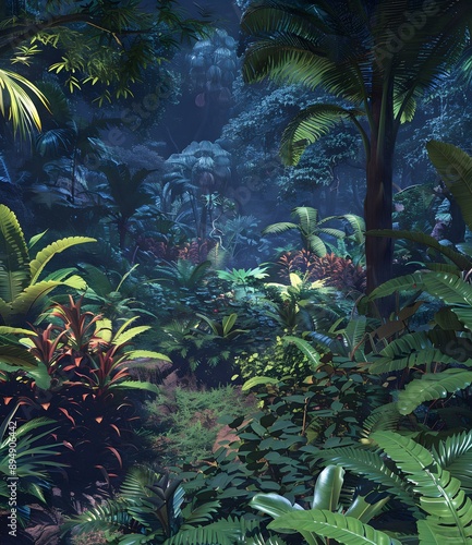 Jungle Night Scene With Lush Tropical Foliage photo