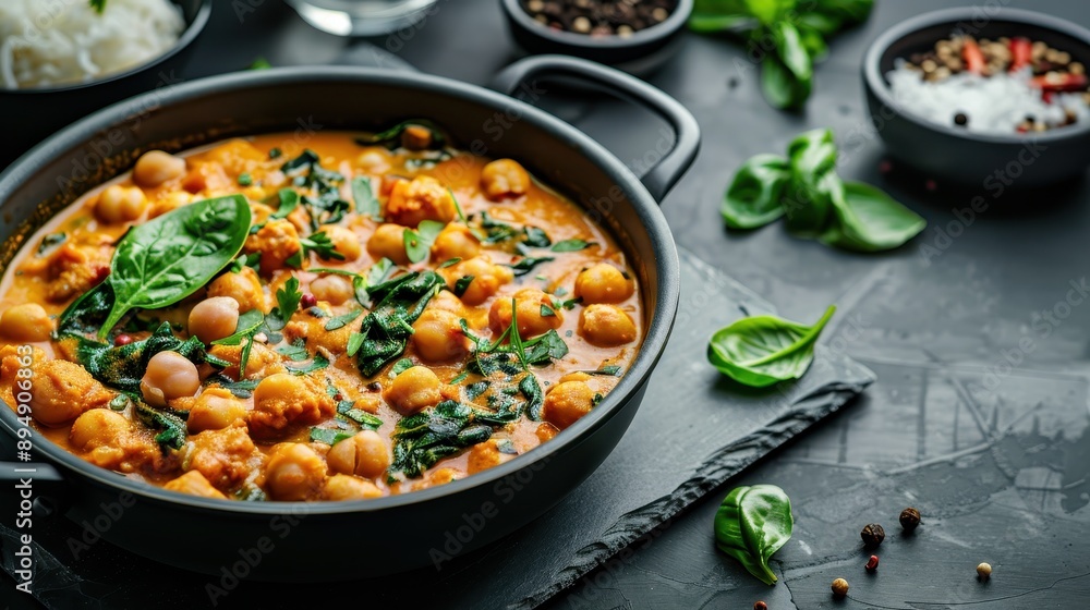 A warm, hearty chickpea and spinach curry served in a black bowl. The dish is decorated with fresh spinach leaves for garnish, and sits on a textured, dark tabletop. A warm, hearty chickpea and spinach curry served in a black bowl. The dish is decorated with fresh spinach leaves for garnish, and sits on a textured, dark tabletop.