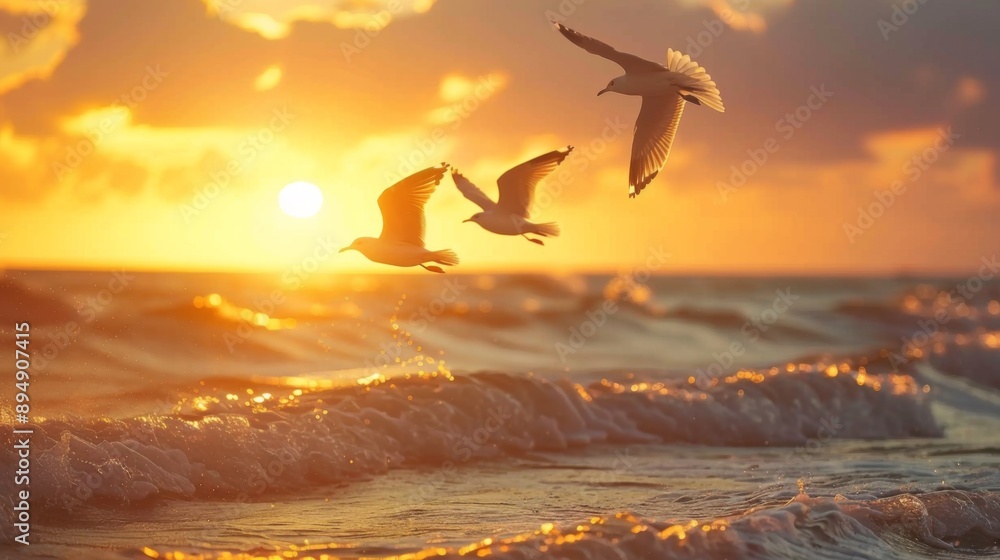 Fototapeta premium Silhouette of seagulls gliding gracefully over the ocean waves during golden hour.