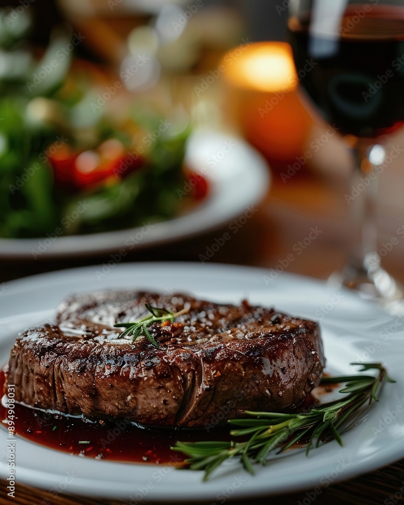 Front closeup of a steak dinner and wine, elegant restaurant, AIgenerated, perfect dinner setting Front closeup of a steak dinner and wine, elegant restaurant, AIgenerated, perfect dinner setting