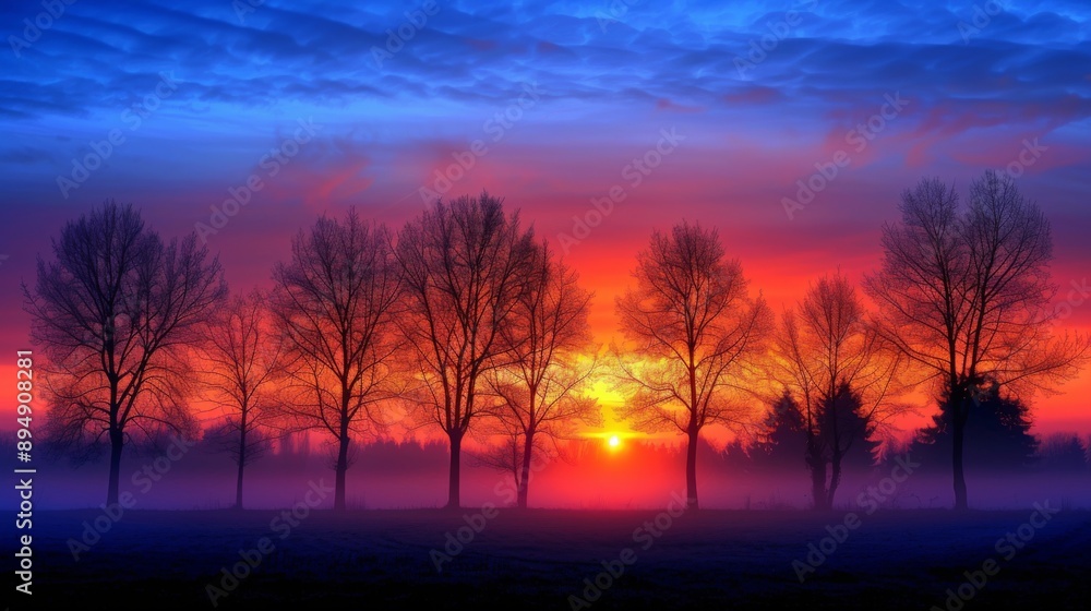 Silhouette of trees against a colorful sky as the sun rises on a misty morning in the countryside. Silhouette of trees against a colorful sky as the sun rises on a misty morning in the countryside.
