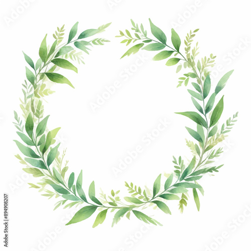 Watercolor green yellow leaves wreath with gold circle