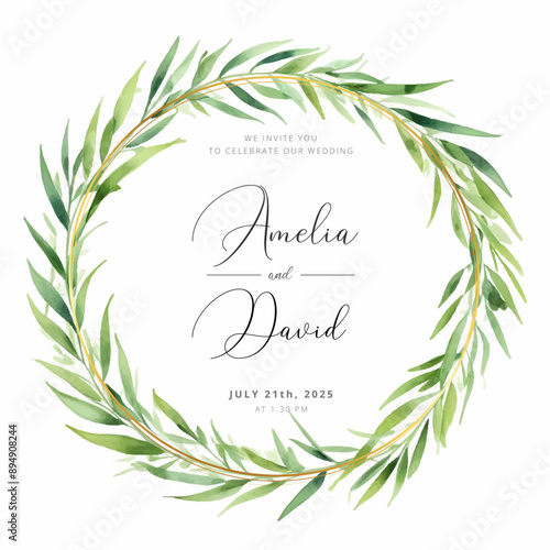 Watercolor green yellow leaves wreath with gold circle