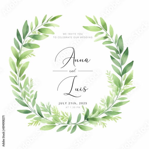 Watercolor green yellow leaves wreath with gold circle