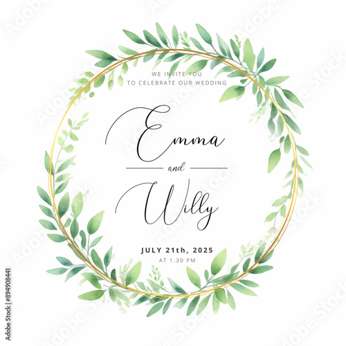 Watercolor green yellow leaves wreath with gold circle