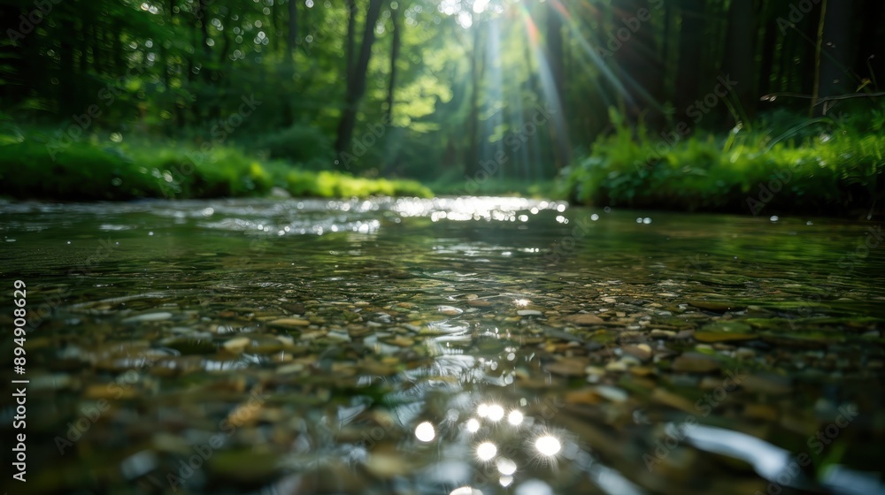 Sunlit forest stream with lush greenery around, capturing the fresh, vibrant essence of nature with sparkling water, trees, and foliage under a warm sunbeam. Sunlit forest stream with lush greenery around, capturing the fresh, vibrant essence of nature with sparkling water, trees, and foliage under a warm sunbeam.