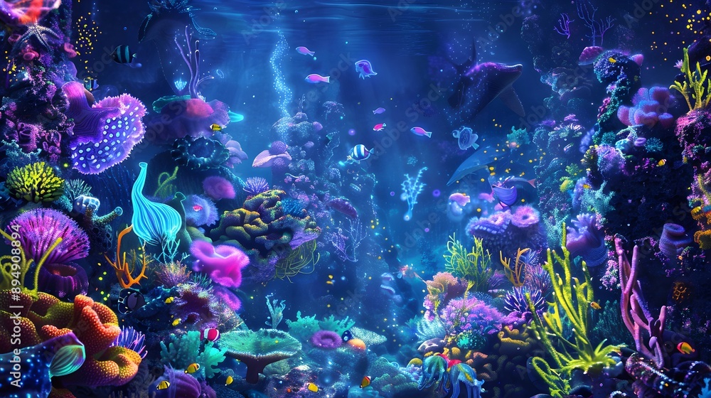 Obraz premium Surreal underwater scene with glowing, fantastical coral reefs and vibrant sea creatures