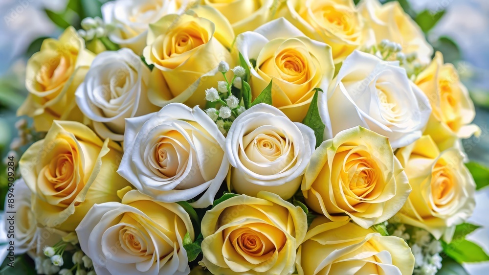 Obraz premium Yellow and White Roses Bouquet Close Up.