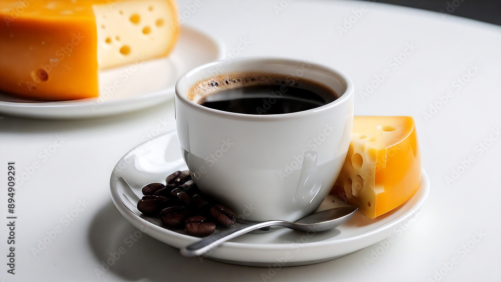 Cup of black coffee and cheese slice Cup of black coffee and cheese slice