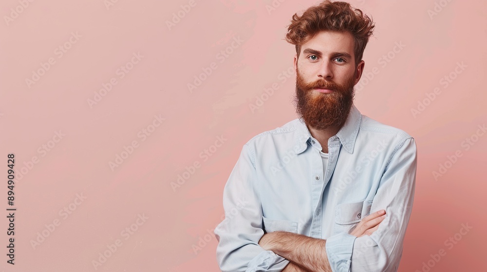 a stylish bearded man in casual attire, posing confidently against a soft pink background, radiating charm and suitable for highlighting text or graphic elements a stylish bearded man in casual attire, posing confidently against a soft pink background, radiating charm and suitable for highlighting text or graphic elements