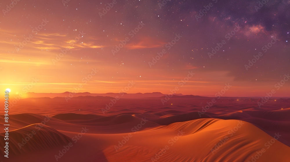 Fototapeta premium Surreal desert with enormous, glowing sand dunes and a radiant, star-filled sky