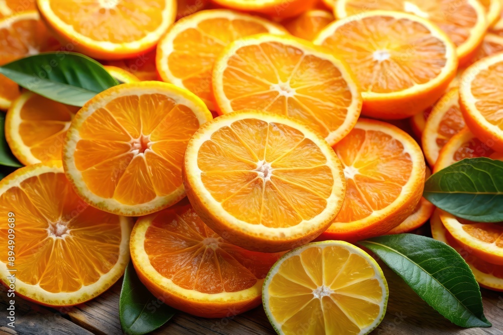 Freshly Sliced Oranges and Lemon with Green Leaves. Freshly Sliced Oranges and Lemon with Green Leaves.