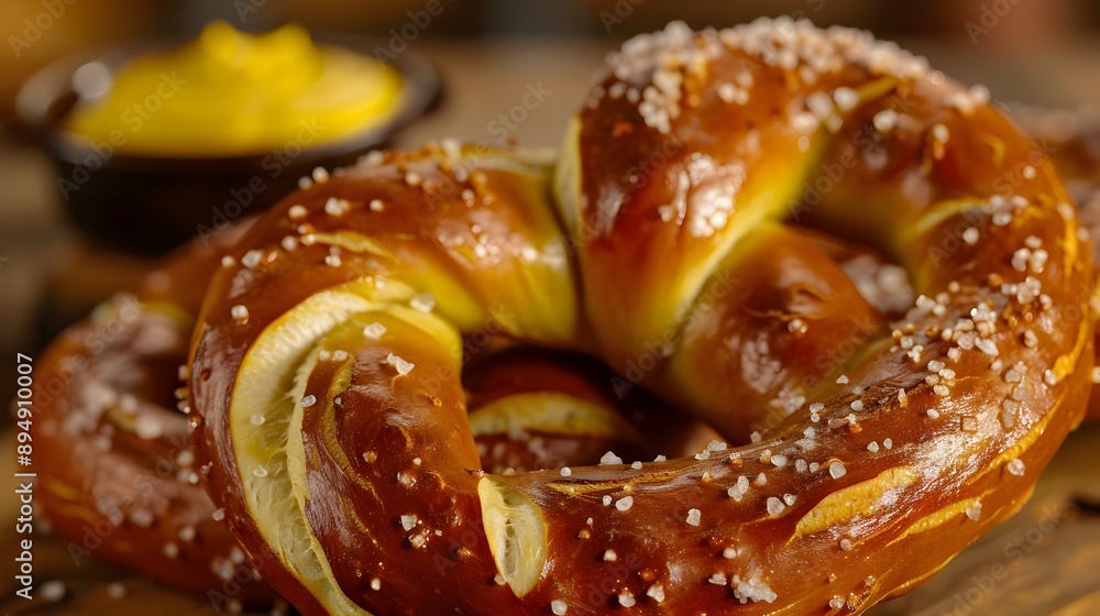 Golden Oktoberfest Pretzel with German Mustard on Rustic Wood Golden Oktoberfest Pretzel with German Mustard on Rustic Wood