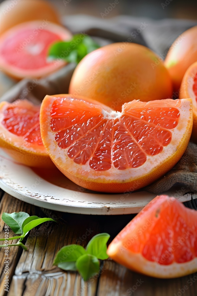 Fresh Sliced Grapefruit with Green Leaves on Wooden Table Fresh Sliced Grapefruit with Green Leaves on Wooden Table