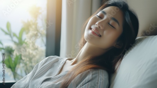 Free Download Simple lifestyle, Asian woman wakes up from good sleep on weekend morning, takes some rest, relax in comfortable bedroom at hotel window, happy lazy day, comfortable, dreaming - GFXLoad