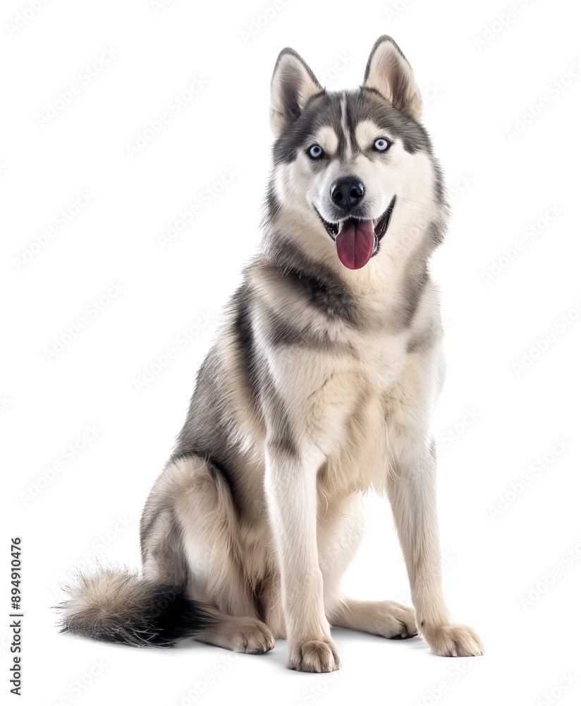 Siberian husky sitting with tongue out on isolated background Siberian husky sitting with tongue out on isolated background