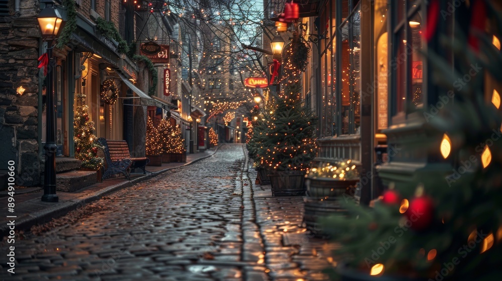Fototapeta premium Festive Holiday Street with Christmas Lights and Decorated Trees at Dusk