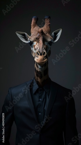 Dressed in an elegant suit and tie, the giraffe is confident and classy. A fashion portrait of an anthropomorphic animal with a human-like attitude