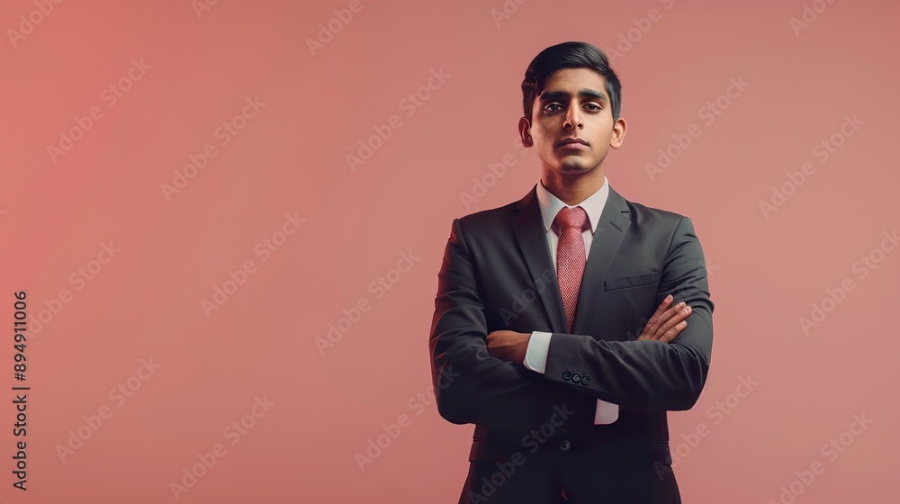 a stylish Indian businessman in a formal suit, standing confidently against a soft pink background, radiating professionalism and suitable for highlighting text or graphic elements a stylish Indian businessman in a formal suit, standing confidently against a soft pink background, radiating professionalism and suitable for highlighting text or graphic elements